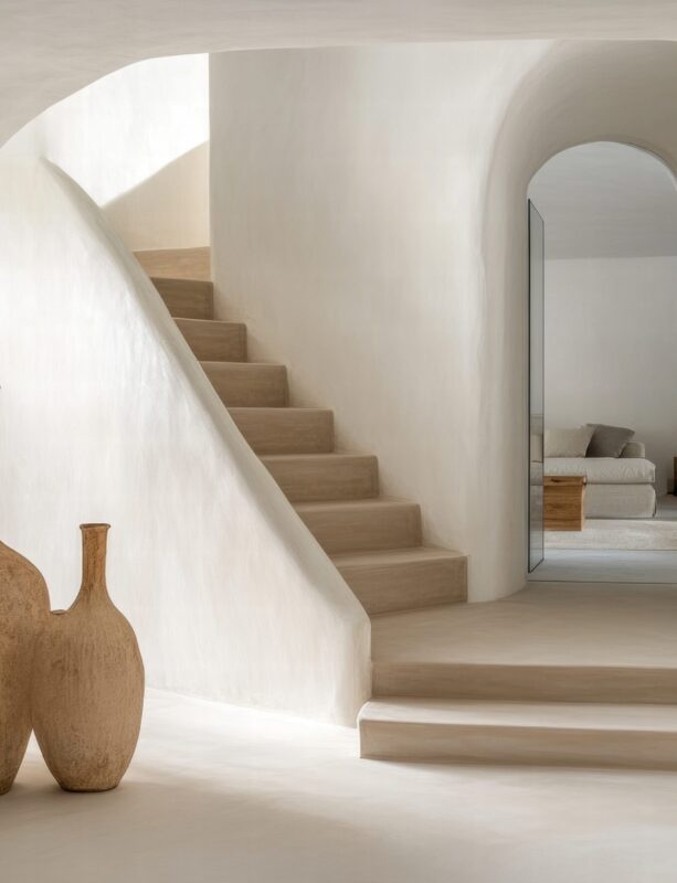 A white staircase leads to a room with a mirror and a vase. The vases are brown and placed on the steps