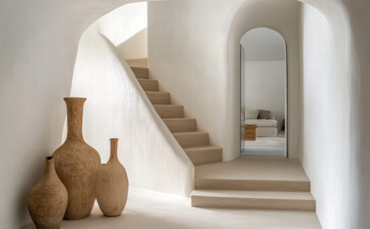 A white staircase leads to a room with a mirror and a vase. The vases are brown and placed on the steps