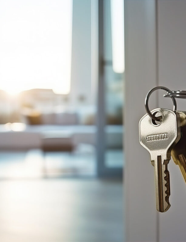 Keys hanging on a door, representing the keys to a new home or property
