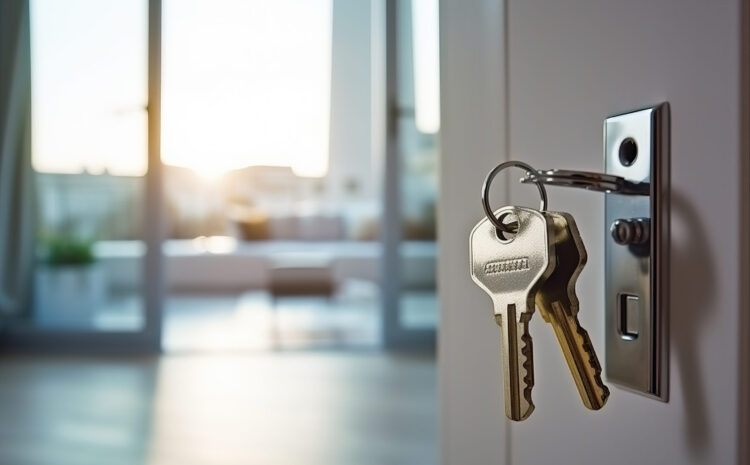 Keys hanging on a door, representing the keys to a new home or property
